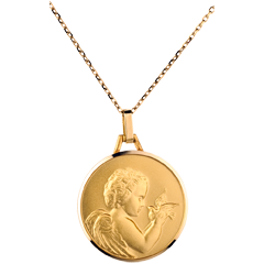 Médaille Ange à l'oiseau 20mm - or jaune 18 carats