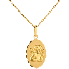 Médaille Ange Raphaël bord fleuri - or jaune 18 carats