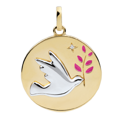 Médaille Colombe au rameau - Laque rose - 1 Diamant - or blanc et or jaune 18 carats