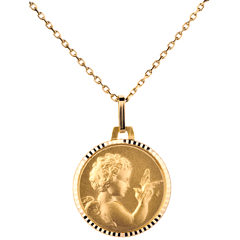 Medalik z aniołem niosącym ptaka 14 mm - złoto żółte 18-karatowe