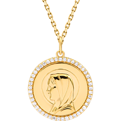 Medalla de bautizo redonda Virgen María izquierda engastada – Oro amarillo 9 quilates y diamantes sintéticos