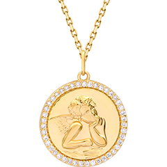 Medalla redonda con angelito iluminado – Oro amarillo de 9 quilates y diamantes sintéticos