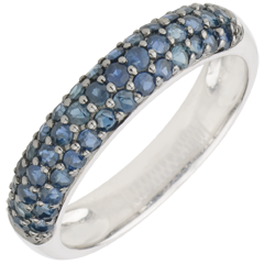 Bague Oiseau de Paradis - trois rangs - or blanc 9 carats et saphir bleu