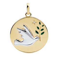 Medalla Paloma de la Paz - Laca Verde - 1 Diamante - 9 quilates