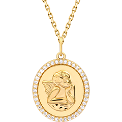 Médaille de baptême sertie Ange musicien – Or jaune 18 carats et diamants de synthèse