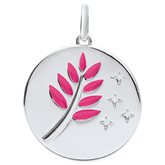 Médaille Rameau d'Olivier - Laque rose - 4 Diamants - or blanc 9 carats