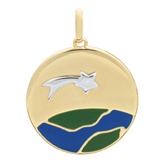 Médaille Une Etoile est née - Laque verte et bleue - 1 Diamant - or blanc et or jaune 9 carats