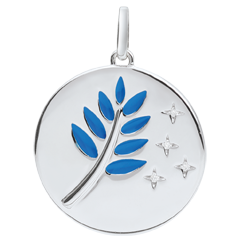 Médaille Rameau d'Olivier - Laque bleue - 4 Diamants - or blanc 9 carats