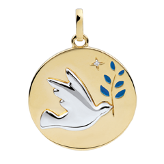 Medaille Duif en Olijftak - Blauwe Lak - 1 Diamant - 9 karaat witgoud en geelgoud