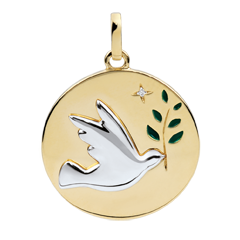 Green Lacquer Dove with Branch Medal with 1 diamond - 9ct 