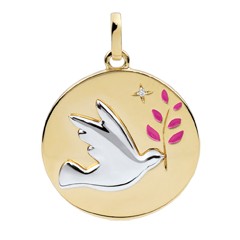 Médaille Colombe au rameau - Laque rose - 1 Diamant - or blanc et or jaune 9 carats