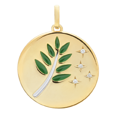 Green Lacquer Olive Branch Medal with 4 diamonds - 18 carats