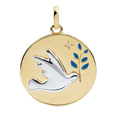 Blue Lacquer Dove with Branch Medal with 1 diamond - 18ct 
