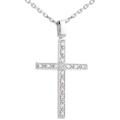 Pendentif croix or blanc 18 carats diamant pavé - 0.15 carat