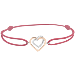 Bi-colour Rose and White Gold Diamond Entwined Heart Bracelet with a red cord