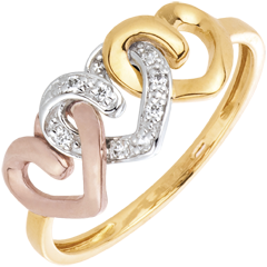 Anillo Tres Corazones - tres oros - oro amarillo, blanco, rosa y diamantes