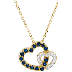 Collier Duetto di Cuori - Oro bianco e Oro giallo - 9 carati - 15 Zaffiri - 3 Diamanti - 0.35 carati