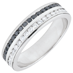 Alliance or blanc 18 carats diamants blancs et noirs semi pavée - serti rail 2 rangs - 0.38 carats - 42 diamants