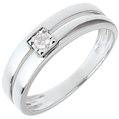 Bague double rangs avec diamant de centre - 0.05 carat - or blanc 18 carats