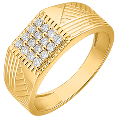 Ring Dämmerschein - Siegelring mit Gravuren - 18 Karat Gelbgold und Diamanten