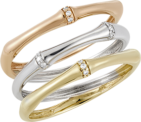 Ring Heiliger Urwald, 3-reihig, mehrere Diamanten - drei Goldarten, 18 Karat