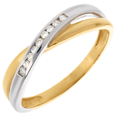 Anneau tandem serti diamants - 9 diamants - or blanc et or jaune 18 carats