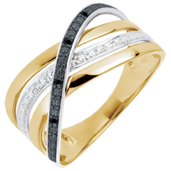 Ring Saturnus Vierling - 9 karaat geelgoud - zwarte en witte Diamanten