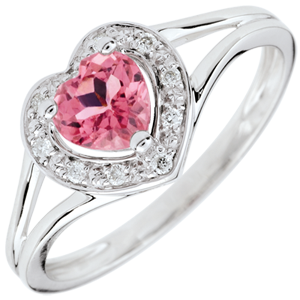 Anello Cuore Incantato - Oro bianco - 9 carati - 10 Diamanti - Turmalina rosa