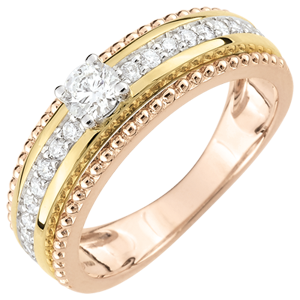 Anello Solitario - Fior di Sale - due anelli - 3 ori - 0.378 carati - 18 carati