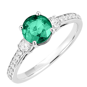 « L'Atelier » Nº169027 - Ring Witgoud 18 karaat - Smaragd rond 1 Karaat - Aanleunende edelstenen Diamant - Setting Diamant