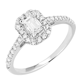 « L'Atelier » Nº170103 - Ring Witgoud 18 karaat - Diamant Rechthoekig 0.5 Karaat - Halo Diamant - Setting Diamant