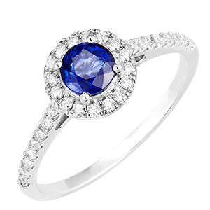 « L'Atelier » Nº170583 - Ring Witgoud 18 karaat - Blauwe saffier rond 0.5 Karaat - Halo Diamant - Setting Diamant
