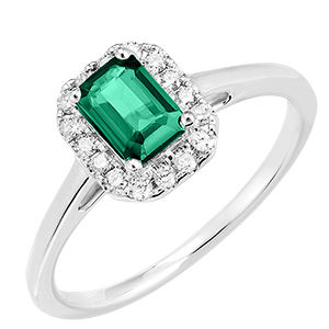 « L'Atelier » Nº170963 - Ring Witgoud 18 karaat - Smaragd Rechthoekig 0.5 Karaat - Halo Diamant