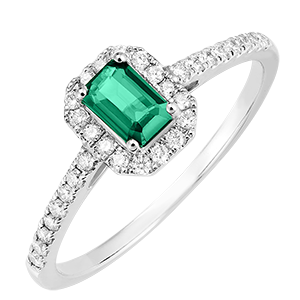 « L'Atelier » Nº170967 - Ring Witgoud 18 karaat - Smaragd Rechthoekig 0.5 Karaat - Halo Diamant - Setting Diamant