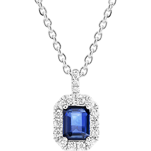 « L'Atelier » Nº206312 - Ciondolo Oro bianco 9 carati - Zaffiro blu Rettangolo 0.3 Carati - Halo Diamante - Incastonatura Diamante - Catena Rolò