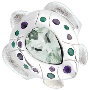 Ring Imaginary Walk - Oceanic Turtle - Silver and fine stones