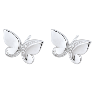 Boucles d'oreilles Balade Imaginaire - puces Papillon Cascade - or blanc 9 carats et diamants