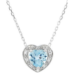 Collana Cuore Incantato - Oro bianco - 9 carati - 10 Diamanti -Topazio blu - 0.97 carati