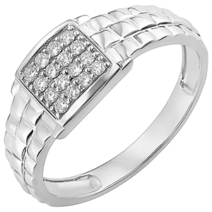 Ring Dämmerschein - Siegelring mit Gliederoptik - 9 Karat Weißgold und Diamanten