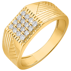 Ring Dämmerschein - Siegelring mit Gravuren - 9 Karat Gelbgold und Diamanten