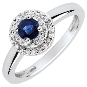 Double Halo Destiny Engagement Ring - 0.3 carat sapphire and diamonds - white gold 18 carats