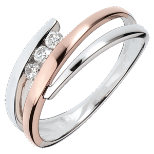 Engagement Ring Precious Nest - Triple diamonds - pink gold. white gold - 3 diamonds - 18 carats
