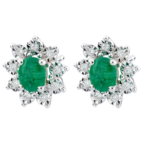 Eternal Edelweiss Earrings - Daisy Illusion - Emeralds and Diamonds - 18 carat White Gold