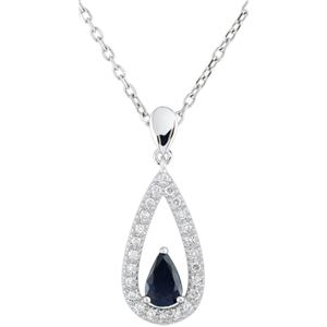 Ciondolo - Goccia Soraya - Oro bianco - 9 carati - 24 Diamanti - Zaffiro blu