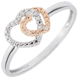 Anello Cuori Complici - Oro bianco e Oro rosa - 9 carati - 3 Diamanti 