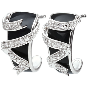 White Gold Earrings - Ribbon Stars - diamonds and black lacquer