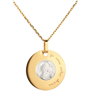 Grawerowany medalik z Matką Boską 18 mm - złoto białe i złoto żółte 18-karatowe