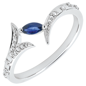 Ring Mysterious Wood - small model - white gold and marquise sapphire - 9 carats
