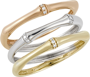 Inel Junglă Sacră 3 rânduri multiple diamante - trei nuanțe de aur 9 carate