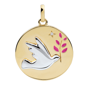 Médaille Colombe au rameau - Laque rose - 1 Diamant - or blanc et or jaune 9 carats